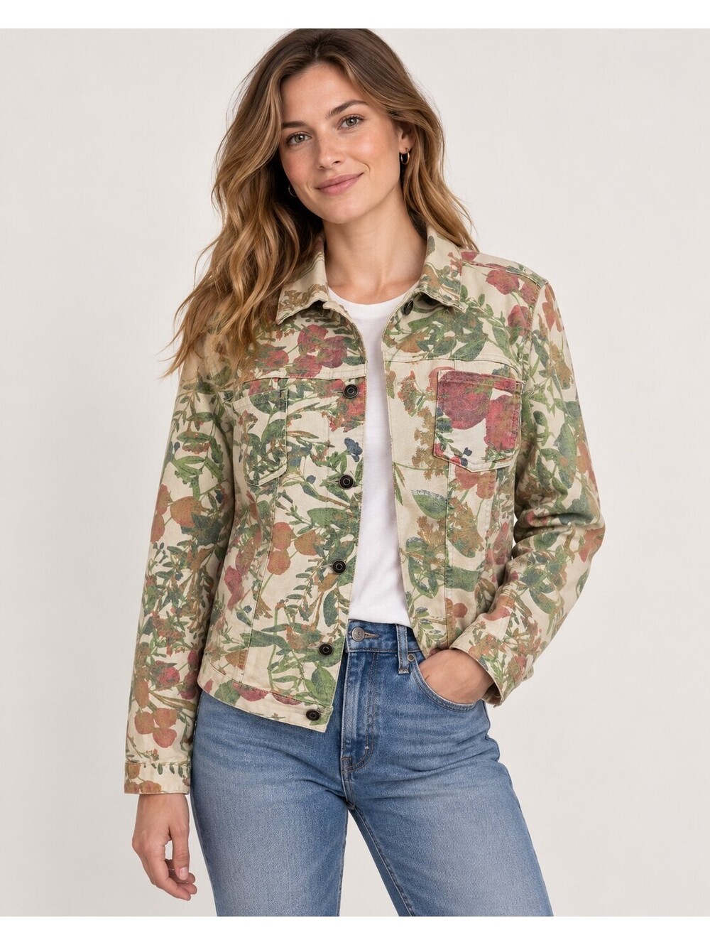 Appleseeds Floral Denim Jacket Woman's M Botanical Cottagecore Trucker Stretch